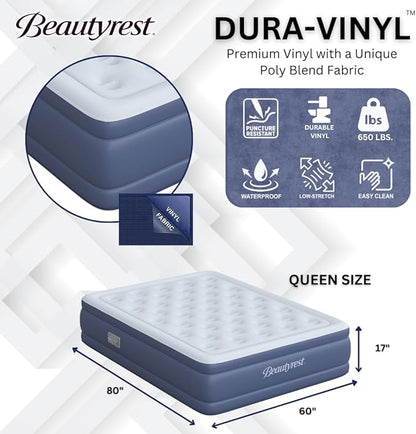 Beautyrest Supreme Air, Queen Size Air Mattress with Built-in Pump, Raised Inflatable Bed for Adults, Puncture-Resistant Vinyl, Auto Shut-Off, 650lb Support, Guest Bed, Camping Airbed, 3-Year Warranty