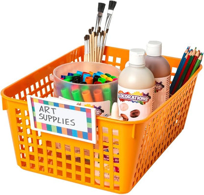 Really Good Stuff Large Plastic Book Baskets, 13.25" by 10" by 5.5" - 12 Pack, Orange, Classroom Library Organizer, Toy Storage, Multi-Purpose Organizer Basket