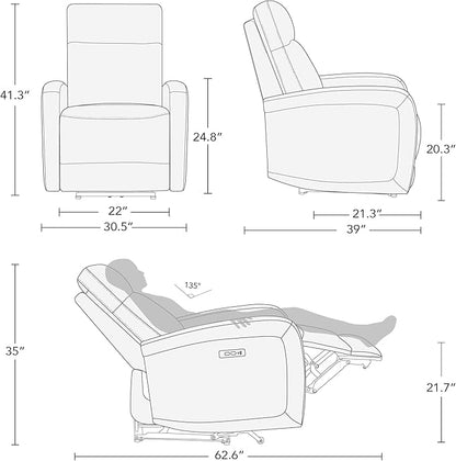 Watson & Whitely Power Recliner Chairs for Adults, Zero Wall Recliners W Power Headrest Type-C Charger, Small Faux Leather Home Theater Seating for Living Room & RV, Cognac Brown