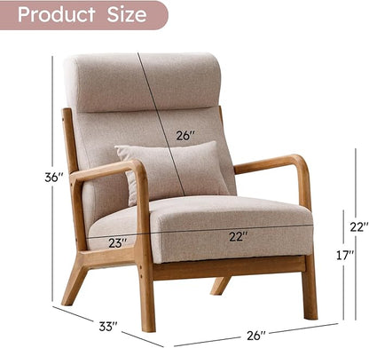 Accent Chair Mid Century Modern Chair Linen Fabric Living Room Chairs with Solid Wood Frame Comfy Upholstered and Lumbar Pillow Reading Side Chair Easy Assembly for Bedroom (2, Beige)