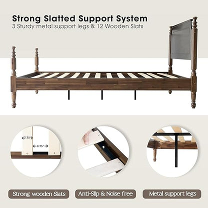 King Size Platform Bed Frame with Headboard & Footboard, Center Metal Legs with Solid Wood 12 Sturdy Slatted, Easy Assembly, No Box Spring Needed, Anti-Noise & Slip-Free, Walnut Finish, ROK-37