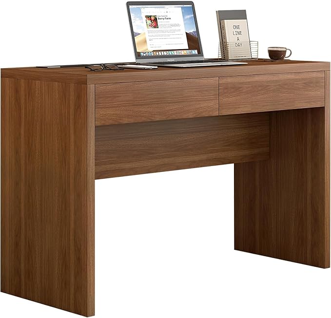 Executive Desk with Drawers, Computer Desk with Drawers with Pre-Embedded Slots, 47 inch Modern Walnut Home Office Desk with Charging Station for Study, Living Room, Bedroom
