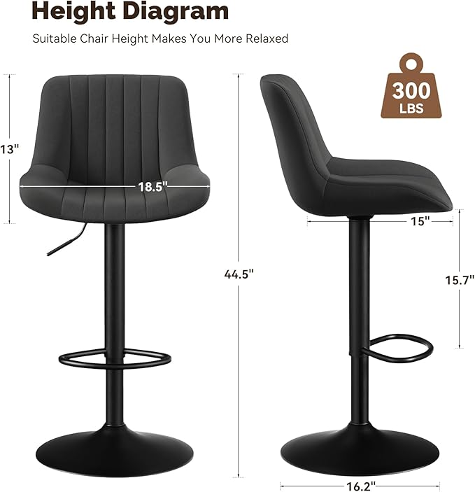 Nalupatio Bar Stools Set of 4, Adjustable Modern Swivel Bar Stools with Backs, Counter Height Performance Fabric Island Chairs for Home Kitchen, Black