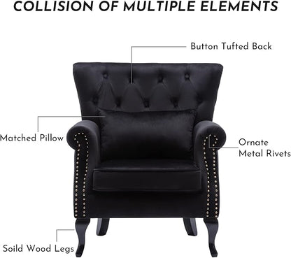 Accent Reading Arm Chairs for Living Room Bedroom, Midcentury Modern Comfy Corner Sofa Chair, Wingback Waiting Room Club Chair with Button Tufted Back &Lumbar Pillow, Velvet Black