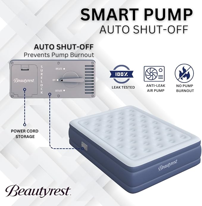 Beautyrest Supreme Air, Cal-King Size Air Mattress with Built-in Pump, Raised Inflatable Bed, Puncture-Resistant Vinyl, Auto Shut-Off, 650lb Support, Guest Bed, Camping Airbed, 3-Year Warranty