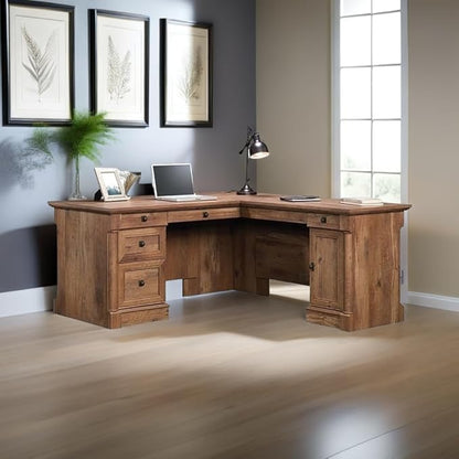 Pemberly Row Home Office L Shaped Corner Desk with Computer Tower Storage and Letter/Legal File Drawer, Vintage Oak