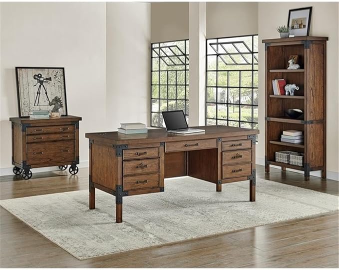 Pemberly Row Rustic Half Pedestal Wood Desk Writing Table Office Desk in Brown