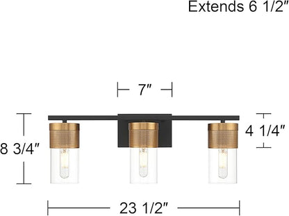 Possini Euro Design Berlin 23 1/2" High Modern Industrial 3 Light Bathroom Vanity Wall Lamp Light Fixture Mount Over The Sink Mirror Hardwired Cordless Black and Gold Glass Shade Indoor Entry-Way