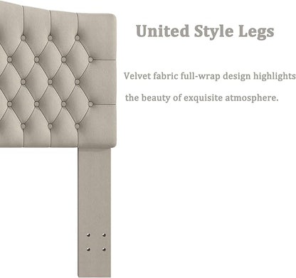 King Headboard Only, Upholstered Head Board for Adjustable Bed Velvet Tufted Cal King Size Wall Mounted Headboard with Solid Wood Legs Head Board, Taupe