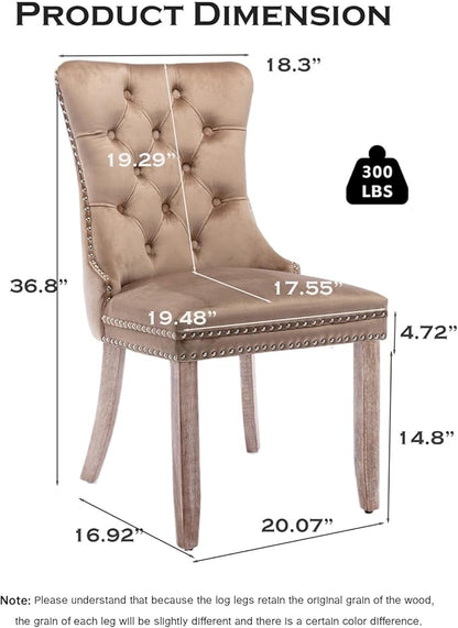 Velvet Upholstered Dining Chairs Set of 6, Modern Style Kitchen Side Chairs with Nailhead Trim and Wood Legs,Metal Pulling Ring for Dining Room Living Room(Khaki,Set of 6)
