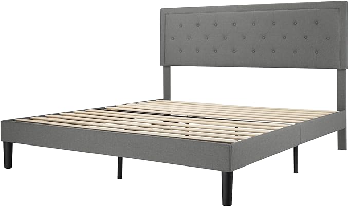 Allewie King Size Upholstered Platform Bed Frame with Adjustable Headboard, Button Tufted, Wood Slat Support, Easy Assembly, Light Gray