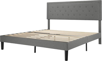 Allewie King Size Upholstered Platform Bed Frame with Adjustable Headboard, Button Tufted, Wood Slat Support, Easy Assembly, Light Gray