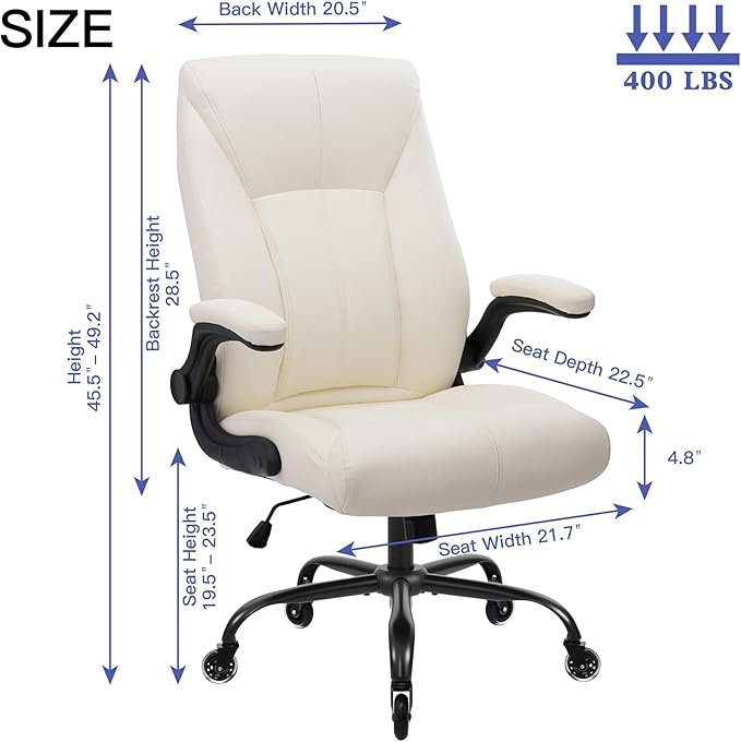 Big and Tall Office Chair for Heavy People, Executive Desk Computer Chair Adjustable Flip-up Armrests for Women, PU Leather Swivel Task Chair with Ergonomic High Back and Lumbar Support (White)