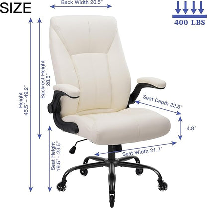 Big and Tall Office Chair for Heavy People, Executive Desk Computer Chair Adjustable Flip-up Armrests for Women, PU Leather Swivel Task Chair with Ergonomic High Back and Lumbar Support (White)