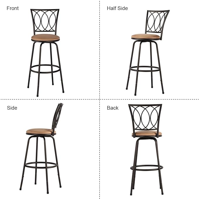 VECELO Adjustable Height Barstools 360 Degree Swivel Sturdy Steel Bistro Pub Chair/Comfortable Round Seat Cushions-Set of 2, Style B, Retro Brown
