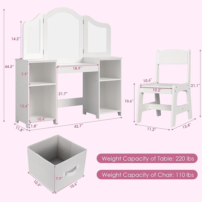 Arlopu Kids Vanity Set, 2 in 1 Toddler Makeup Dressing Table and Chair Set w/Detachable Tri-fold Mirror, Open Shelves, Princess Wooden Pretend Play Desk Furniture Toy for Little Girl (White)