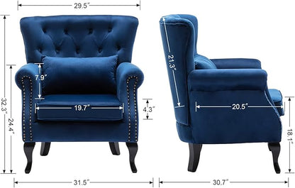 chairus Mid-Century Modern Accent Chairs Set of 2 Comfy Tufted Single Sofa Chair Wingback Armchair with Pillow for Club, Living Room, Bedroom - Velvet, Blue