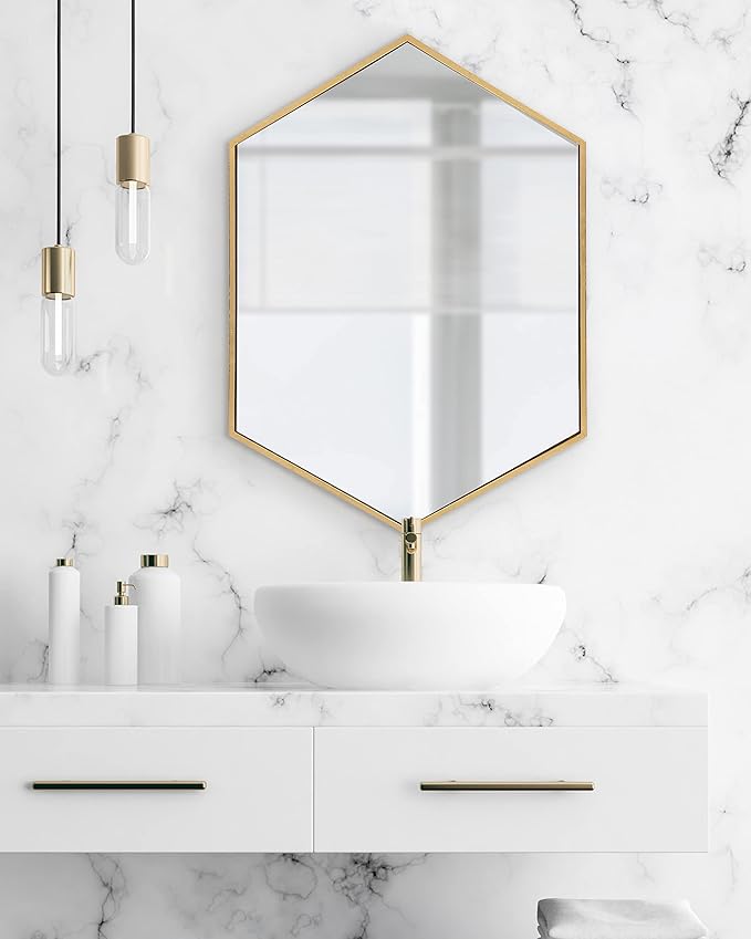 Kate and Laurel McNeer Hexagon Metal Frame Wall Mirror with Gold Finish for Bathrooms, Entryways, Bedrooms, and More, 31 x 22-inches