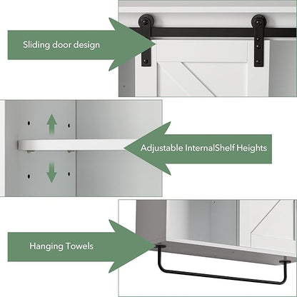 Bathroom Wall Cabinet Over Toilet Sliding Door 23x19 Inch Farmhouse Medicine Cabinet with Towel Bar Motion Sensor Light Adjustable Shelves White Above Toilet Storage for Laundry or Kitchen