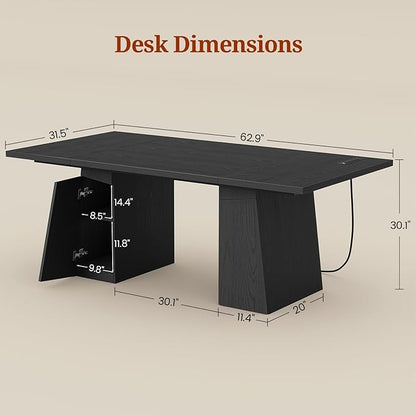 63 in Executive Desk with Power Outlets, Modern Home Office Desk with Storage Cabinet, Wood Computer Desk Business Workstation Desk Conference Table (Black)