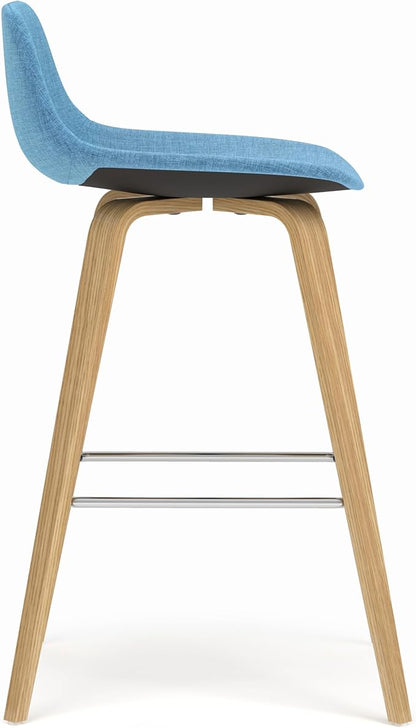 SIMPLIHOME Randolph Counter Stools (Set of 2) - 28 Inch Seat Height Upholstered Bentwood Kitchen Seats in Medium Blue Polyester Linen, Mid Century Modern Seating with Curved Backrest and Footrest