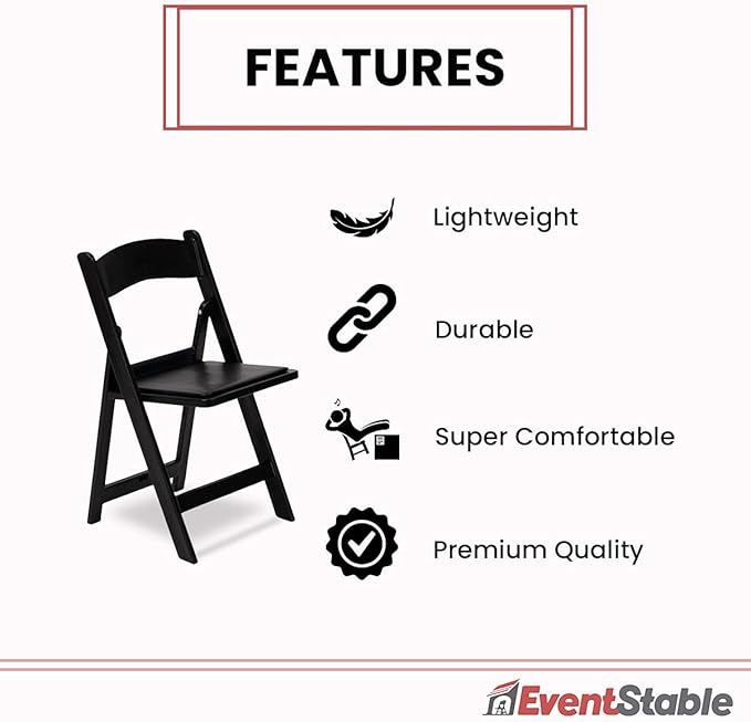 EventStable Titan PRO Resin Folding Chair - Black Indoor/Outdoor Lightweight Padded Chair for Weddings, Parties, Events - 50 Pack