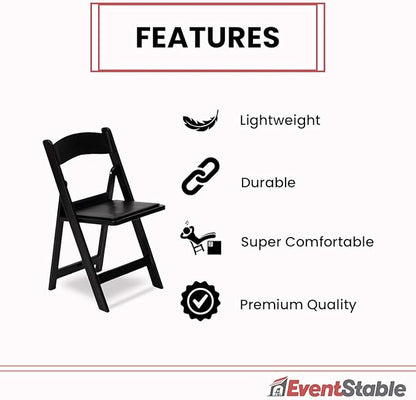 EventStable Titan PRO Resin Folding Chair - Black Indoor/Outdoor Lightweight Foldable Chair - Vinyl Padded Folding Chair for Weddings Parties Events - 4 Pack