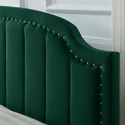 24KF Velvet Fabric Upholstered Queen/Full Headboard with Nail Trims,Modern Vertical Channel Design with Curved Headboard, 6052-Q-Jade