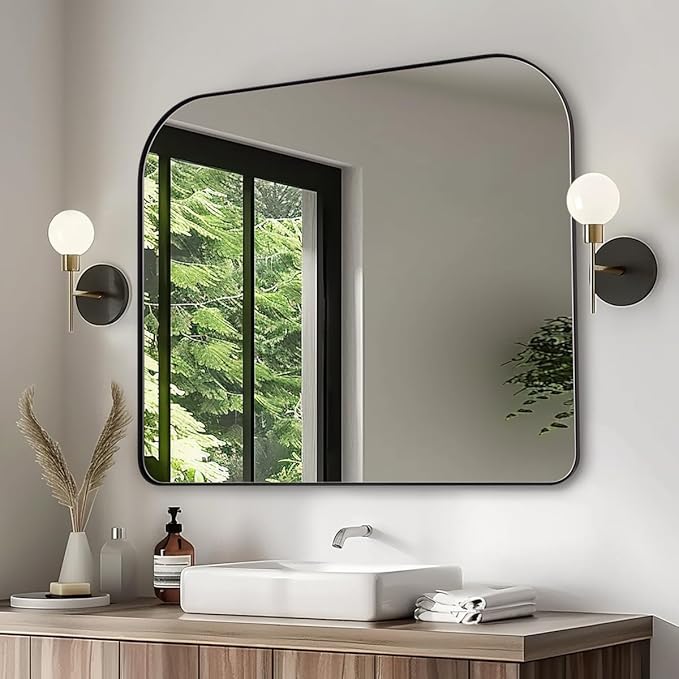 ANDY STAR Black Arched Mantel Large Wall Mirror 30x36, Matte Black Stainless Steel Frame, Arch Mirror with Soft Curved Corner for Bathroom, Entryway, Fireplace Mantel, Bedroom & Living Room Wall Decor
