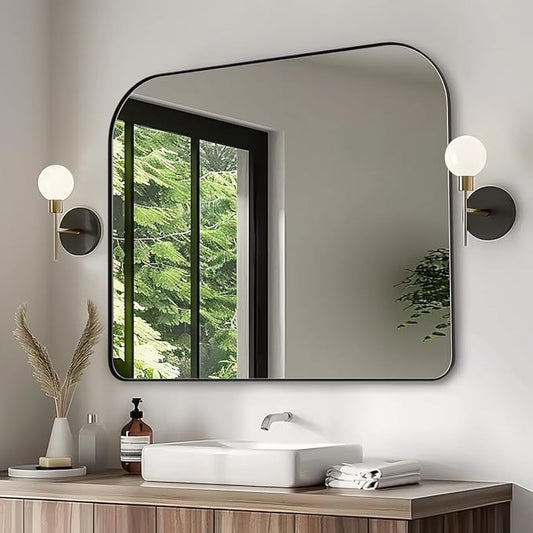 ANDY STAR Black Arched Mantel Large Wall Mirror 30x36, Matte Black Stainless Steel Frame, Arch Mirror with Soft Curved Corner for Bathroom, Entryway, Fireplace Mantel, Bedroom & Living Room Wall Decor