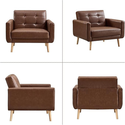 CANMOV 29" W Oversized Leather Accent Chair Set of 2, Armchair Button Back, Mid Century Modern Accent Chairs for Living Room, Modern Upholstered Bed Room Chair Cozy Armchair with Wood Legs, Brown