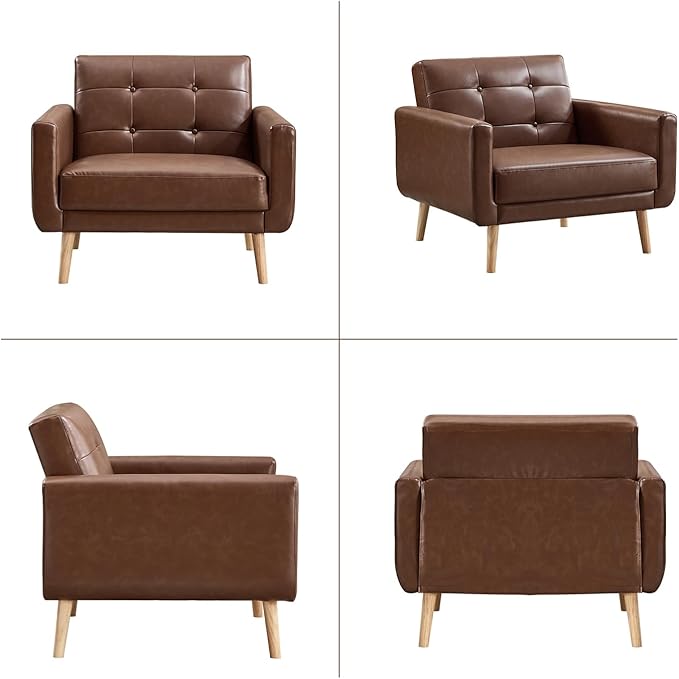 CANMOV 29" W Oversized Leather Accent Chair, Armchair Button Back, Mid Century Modern Accent Chairs for Living Room, Modern Upholstered Bed Room Chair Cozy Armchair with Wood Legs, Brown