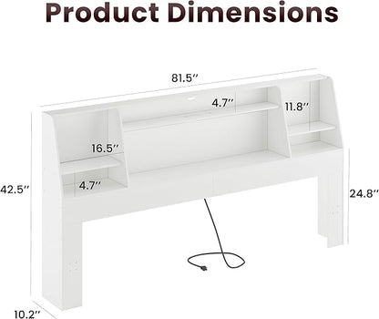 King Size Headboard Only for Bed, Wood Bookcase Headboard with Charging Station & 2 LED Lights, Modern King Bookshelf Headboard with Storage, Noise-Free, Sturdy and Durable, White