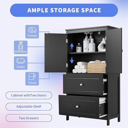 Polibi 43.3" H Storage Cabinet with 2 Doors, 2 Drawers, Adjustable Shelf, Wooden Linen Cabinet for Bathroom, Office, Kitchen, Black