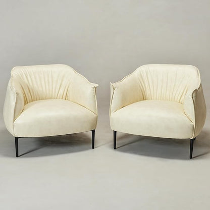 KINWELL 33" W Faux Leather Barrel Chairs Set of 2 with Hand-Tufted Pleated Back Flared Arms, Modern PU Upholstered Accent Chairs with Metal Legs, Large Armchairs Lounge Chairs for Living Room, Cream