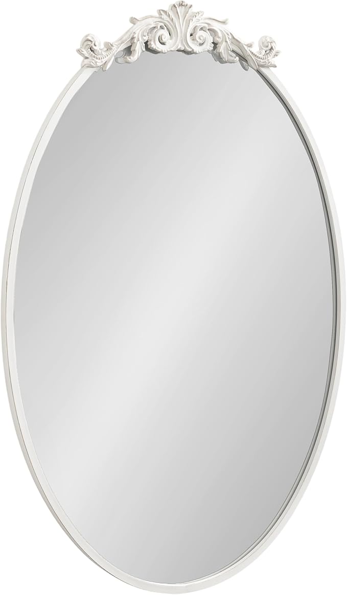 Kate and Laurel Arendahl Traditional Vertical Oval Wall Mirror, 24 x 36, Antique White, Vintage Glam Baroque-Inspired Round Bathroom Vanity Mirror with Ornate Crown