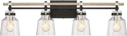 Possini Euro Design Broadway Modern Industrial Wall Light Black Painted Faux Wood Hardwired 32" 4-Light Fixture Clear Seedy Glass Shade for Bedroom Bedside Bathroom Vanity Living Room Hallway House