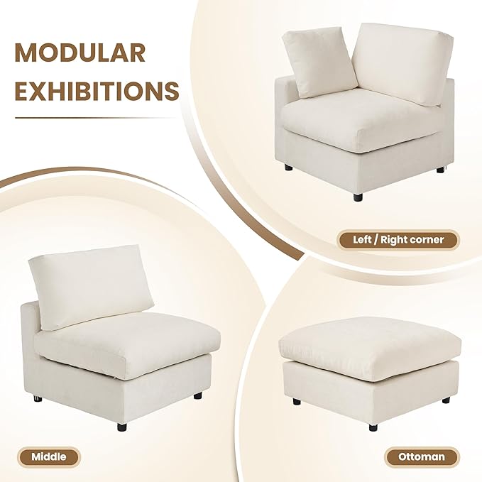 WJShome Modular Sectional Cloud Couch Modern L Shaped Sofa with Ottoman, 100 Inch 3-Seat Chenille Deep Seat Couches for Living Room, Bedroom and Apartment，Beige