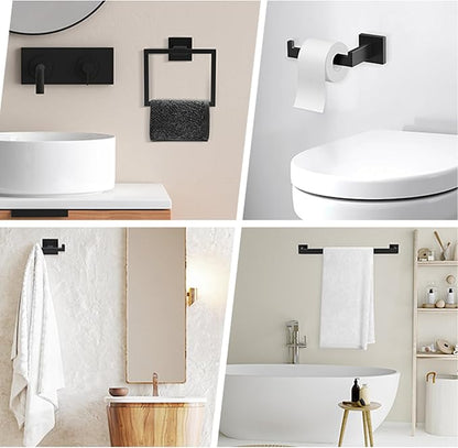 BOZWELL 5 Pieces Matte Black Bathroom Hardware Accessories Set Square Towel Racks for Bathroom 23.6 inch Stainless Steel Towel Bar Set Wall Mounted Towel and TP Set
