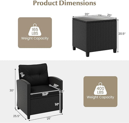 Tangkula 3 Piece Patio Furniture Set, Rattan Conversation Set w/Soft Seat & Back Cushions, Tempered Glass Topped Coffee Table, Cushioned Wicker Seating Set for Backyard, Porch, Poolside (Black)
