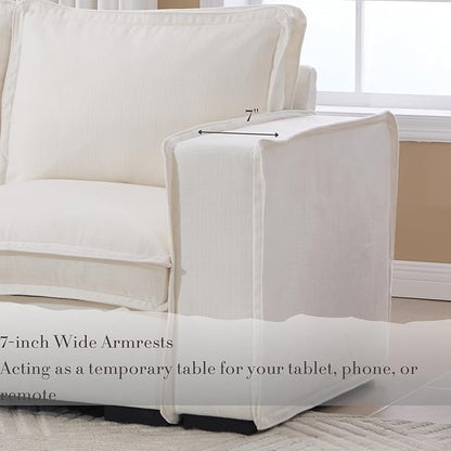 Modern Sectional Sofa for Living Room, Upholstered 3-Seater Modular Couches Linen Fabric L-Shaped Sofa with Ottoman for Home Furniture, White