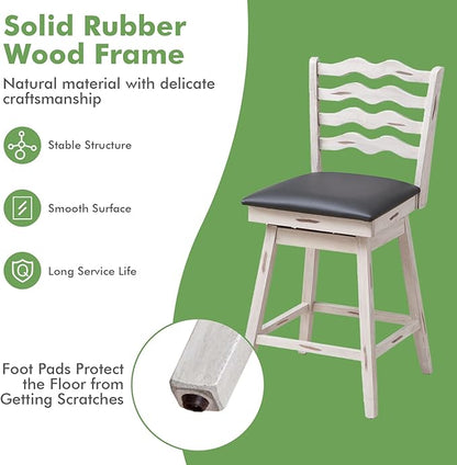 COSTWAY Bar Stools Set of 2, 25” 360° Swivel Counter Height Chairs with Rubber Wood Frame, Cushioned Seat, Ergonomic Backrest & Footrest, Wooden Upholstered Barstools for Kitchen Island (2, 25”)