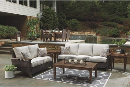Signature Design by Ashley Paradise Trail Outdoor Loveseat with All Weather Cushions, Nuvella Weather Resistant Fabric, Medium Brown