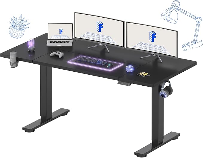 FLEXISPOT 63 x 32 Inch Large Standing Desk, Stand Up Desk with Splice Board, Rising Desks for Home Office, Office Desk with Cup Holder and Headphone Hook (Black Frame + Black Top, 2 Packages)