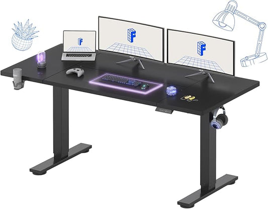 FLEXISPOT 63 x 32 Inch Large Standing Desk, Stand Up Desk with Splice Board, Rising Desks for Home Office, Office Desk with Cup Holder and Headphone Hook (Black Frame + Black Top, 2 Packages)