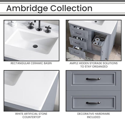 Hanover Ambridge 36'' Vanity Cabinet with Sink Combo for Bathroom, Powder Room | Pre-Assembled Cabinet | 1 Door, 3 Drawers | Artificial Stone Countertop, Gray Cabinet