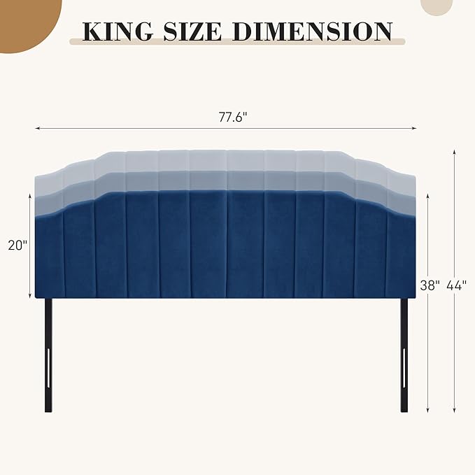 Upholstered Headboard Adjustable Height Queen/King Headboard Cream Velvet Tufted Modern Vertical Channel Design with Stepped Silhouette Top Edge(Blue King)
