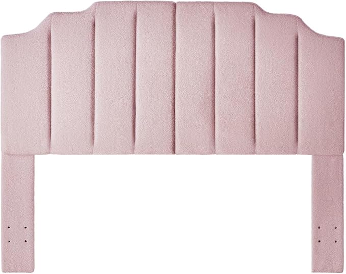 24KF Pink Teddy Fabric Tufted for Queen Upholstered Headboard, Modern Vertical Channel Design Full Headboard with Stepped Silhouette Top Edge,6026-Q-Teddy Pink
