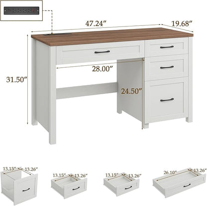 Vabches Farmhouse 47" Executive Desk, Computer Desk with File Drawer and Charging Station, Workstation for Home Office & Study（Off White