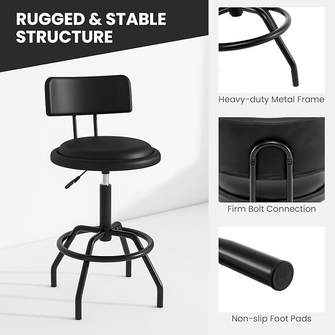 COSTWAY Adjustable Height Bar Stools Set of 2, 360 Degree Swivel, Modern Guitar Stool for High Ergonomic Seating, with PU Leather Cushion, Heavy Duty Steel Frame for Bar, Shop and Music, Garage, Black